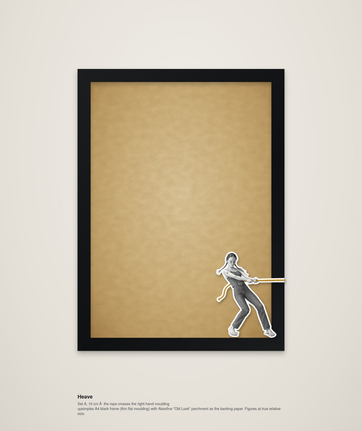Heave – framed wall art with a wooden figure pulling a rope out of the picture (A4)