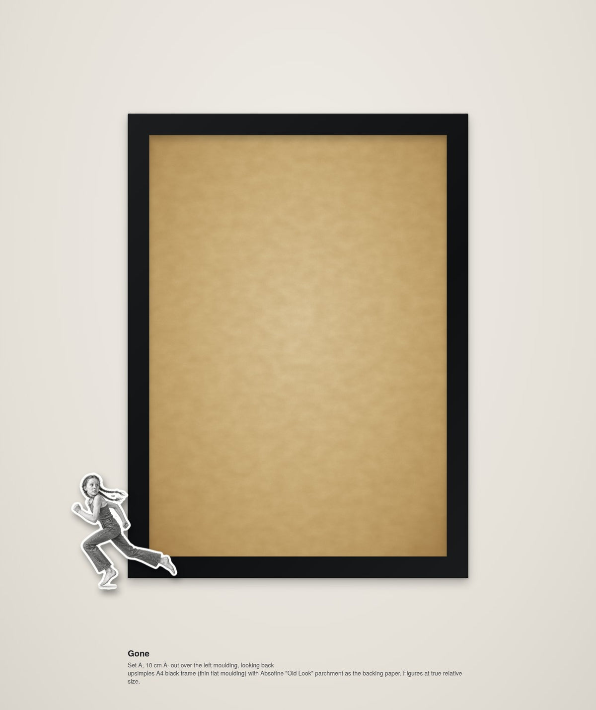 Gone – framed wall art with a wooden figure running out of the picture (A4)