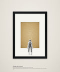 Sit Tight – framed wall art with a wooden figure who has nipped out (A4)