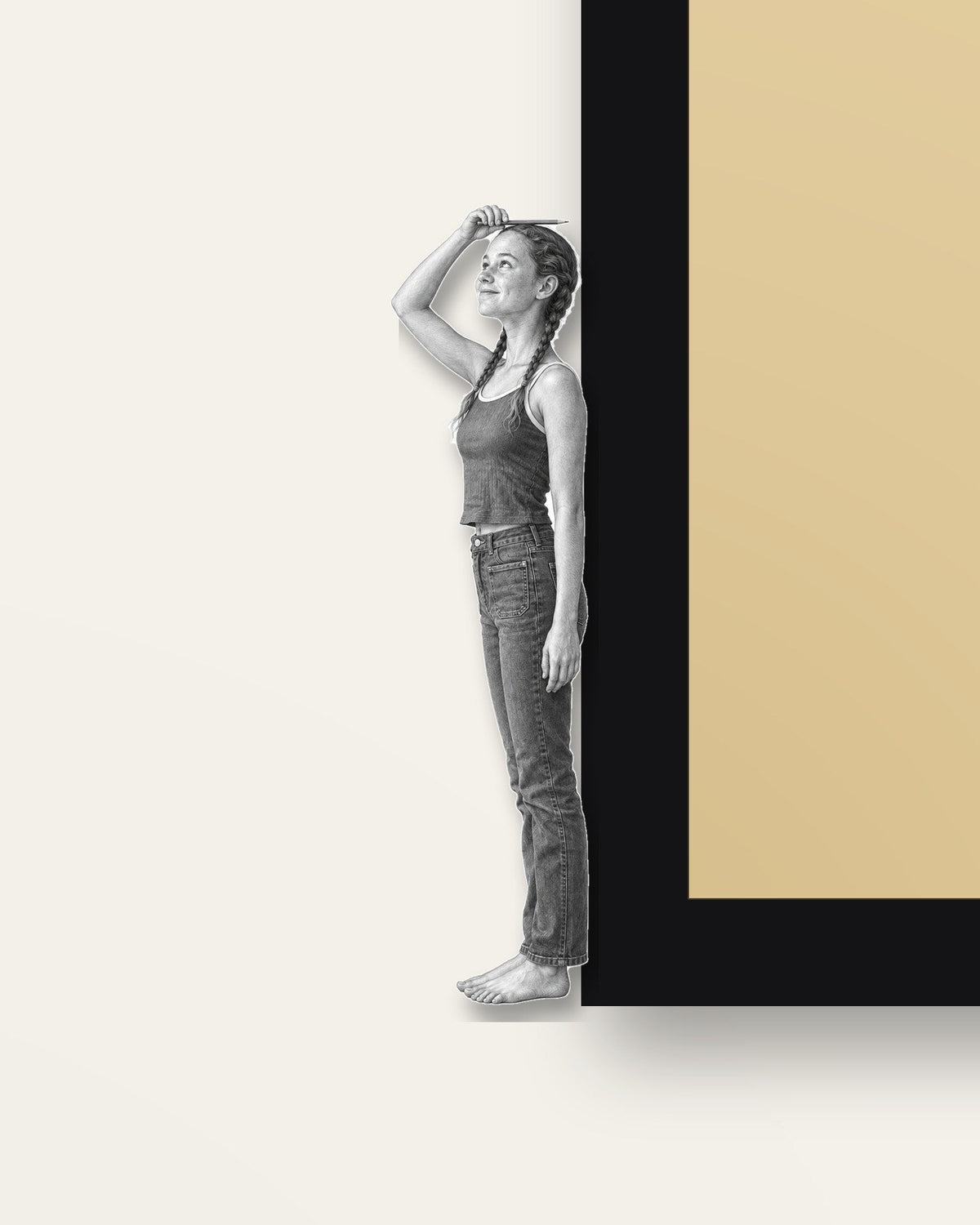 Measuring Up – close-up of the wooden figure on the black frame