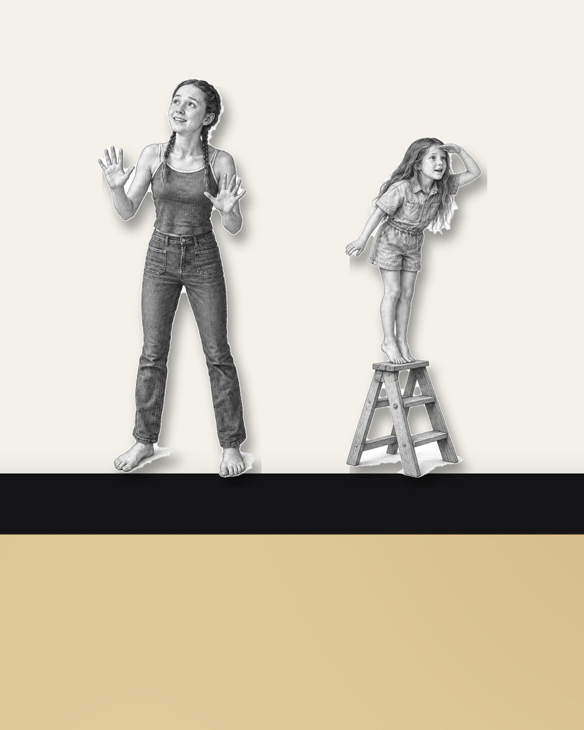 Stepladder – close-up of the wooden figure on the black frame
